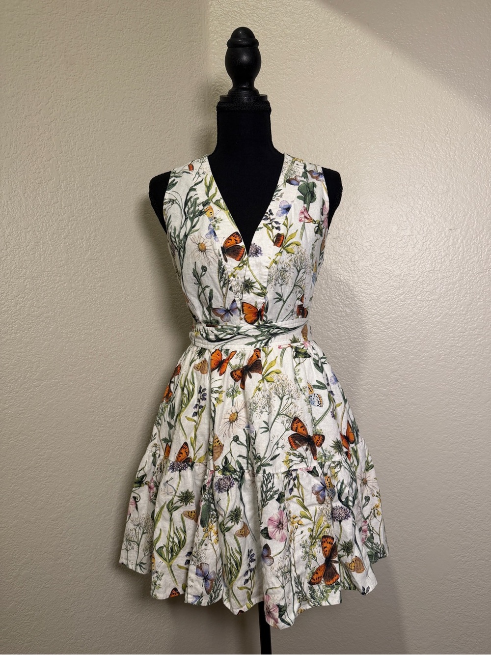 Christian Lacroix White Floral & Butterfly Garden Fit-and-Flare Mini Bow Dress